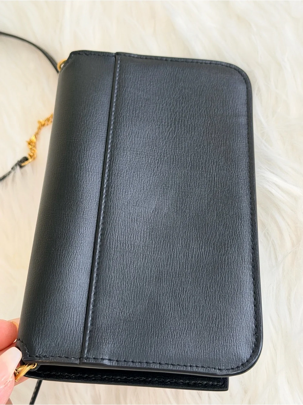 Saint Laurent Black Leather Crossbody phone holder with Gold YSL Chain